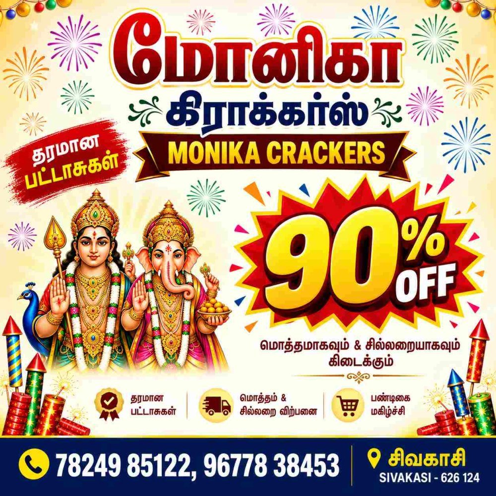Monika Crackers — UP TO 90% OFFER ON MRP · DIWALI 2026